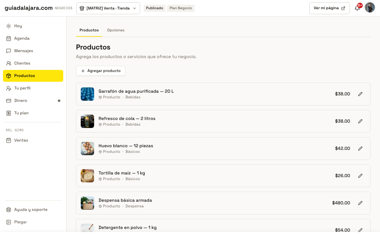El catálogo en la web, con el botón «Agregar producto»