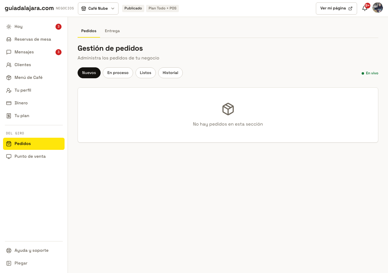 Pedidos en la web, con las pestañas Nuevos, En proceso, Listos e Historial
