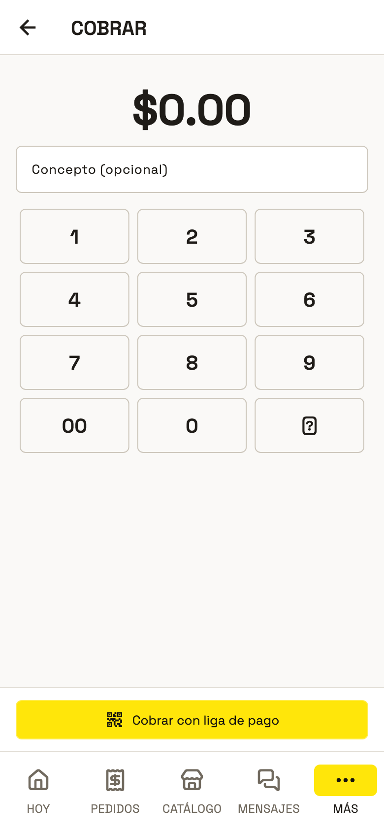 Cobrar en la app: teclado, concepto y «Cobrar con liga de pago»