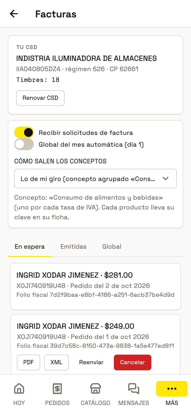 Facturas en la app: tu CSD, cómo facturas y tus facturas en espera