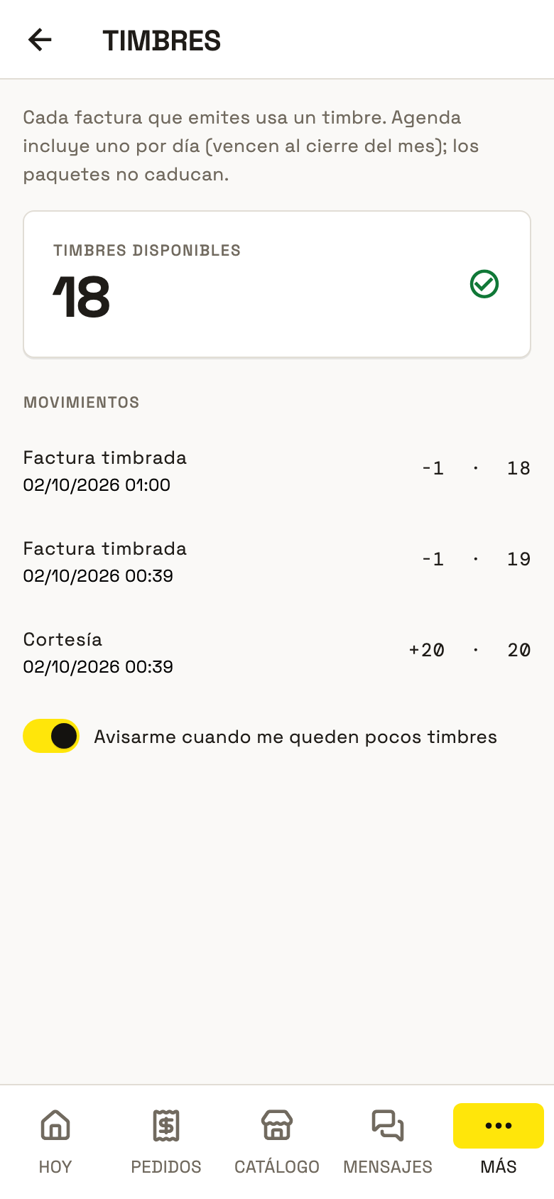 Timbres en la app: saldo y movimientos